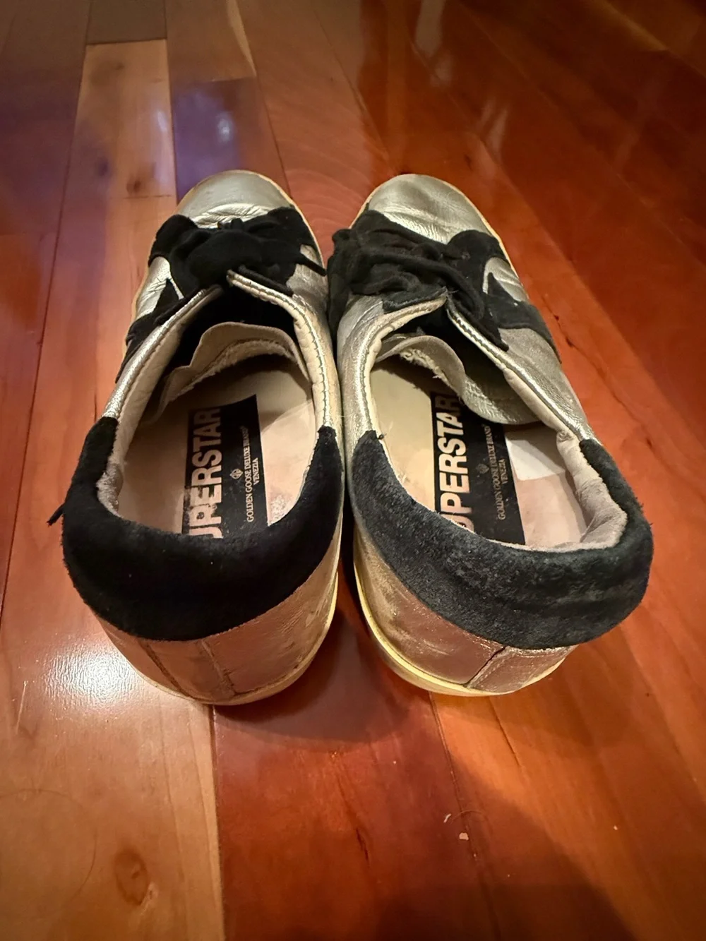 Golden Goose Size 8 Metallic Silver Sneakers with Black Star